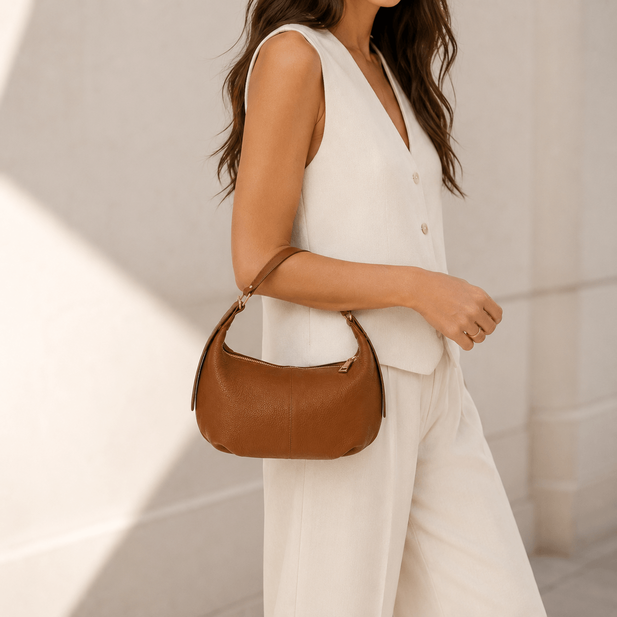 Bag Fanni – Cognac Leder Hobo Tasche, Model in weißem Outfit, Seitenansicht | LiBEAU