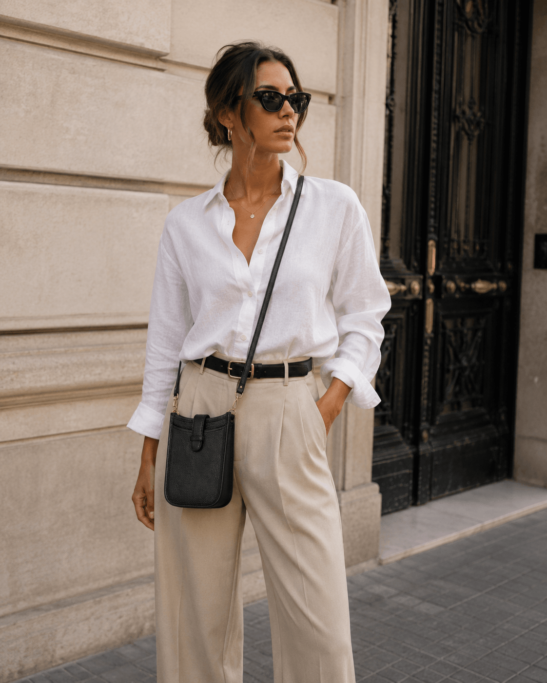 Bag Ambra Schwarz – Frau trägt schwarze Leder Body Bag als Crossbody im eleganten Streetstyle | LiBEAU