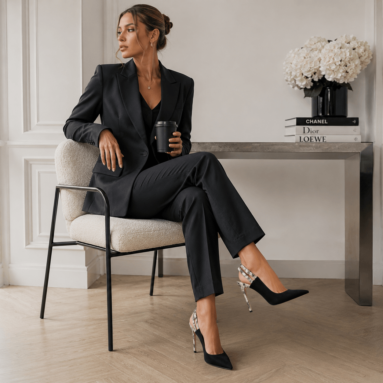 Black Lady Sling Pumps – LiBEAU Damen trägt schwarze Wildleder-Slingpumps mit Schlangenoptik-Absatz, kraftvoller eleganter Editorial Look | LiBEAU