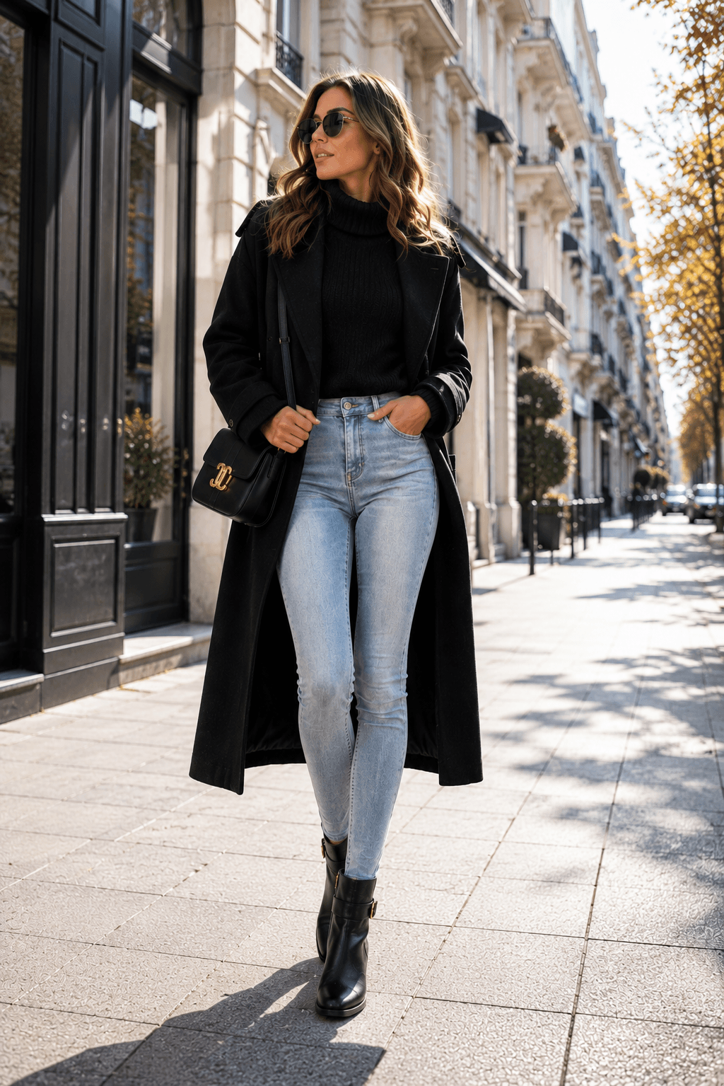 Chelsea Nero Boots – LiBEAU Damen trägt schwarze Leder Chelsea Boots zu Skinny Jeans, schwarzem Rollkragen und langem schwarzen Mantel in Paris, zeitloser eleganter Pariser Editorial Look | LiBEAU
