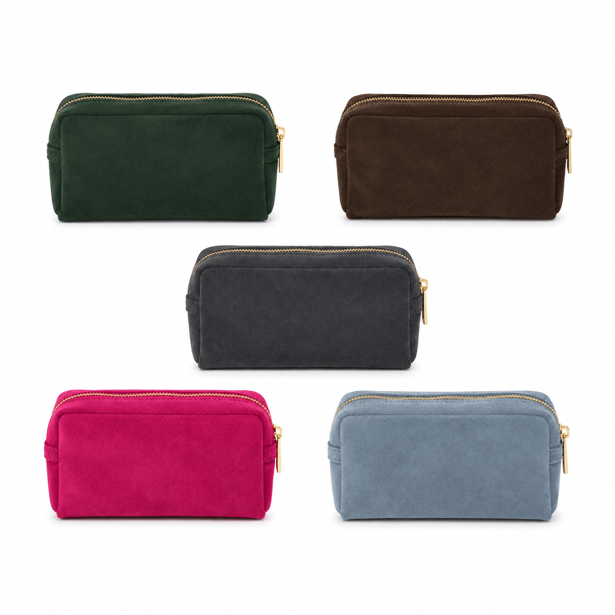 Cosmetic Bag Chocolat – LiBEAU Detailansicht Seitenansicht dunkelbraune Wildleder-Kosmetiktasche mit goldenem Reißverschluss-Schieber und strukturierter Naht | LiBEAU