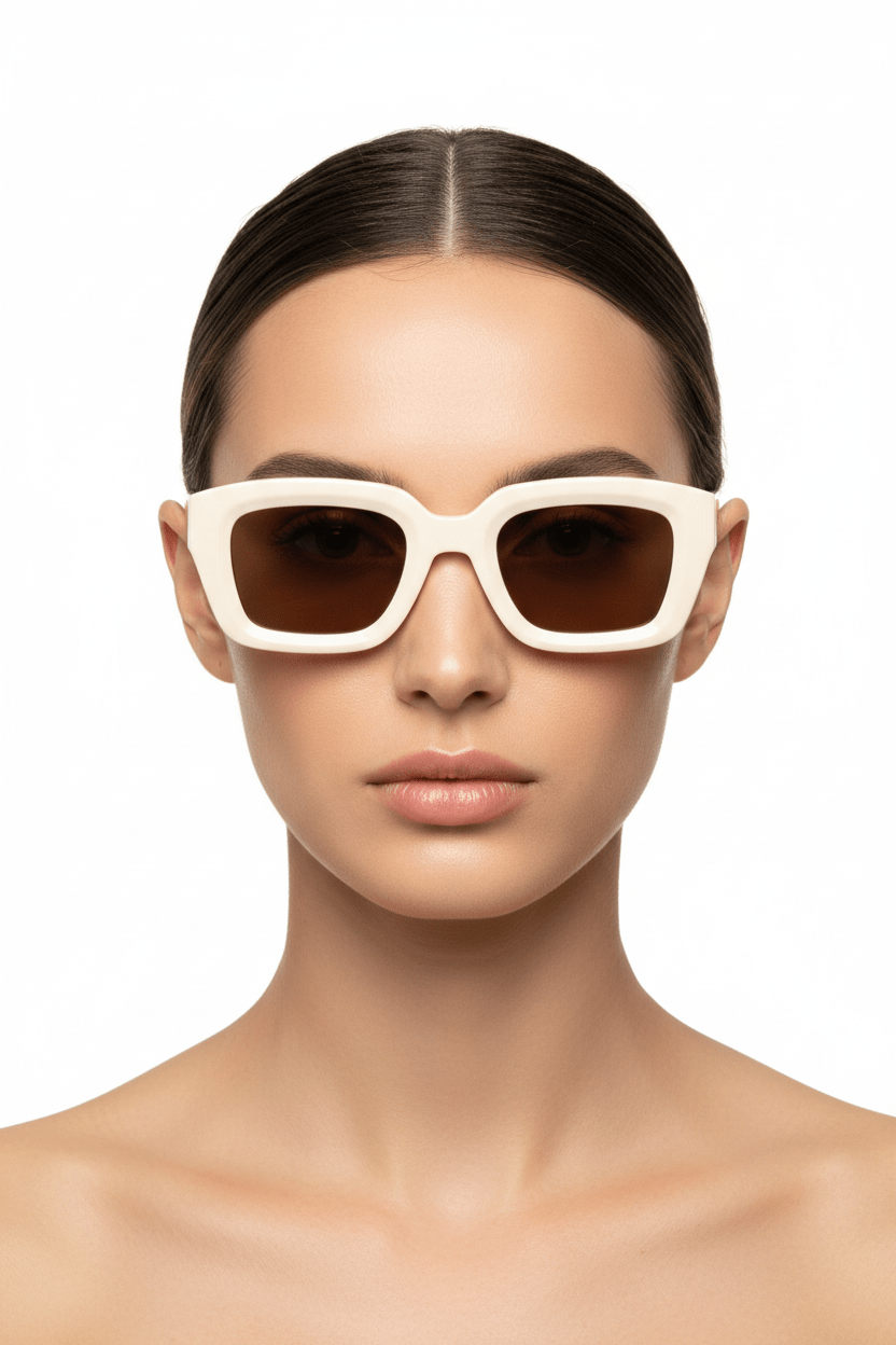 Modebrille Panna – LiBEAU Damen trägt cremeweiße rechteckige Sonnenbrille mit braunen Gläsern, minimalistischer Luxus Editorial Look | LiBEAU
