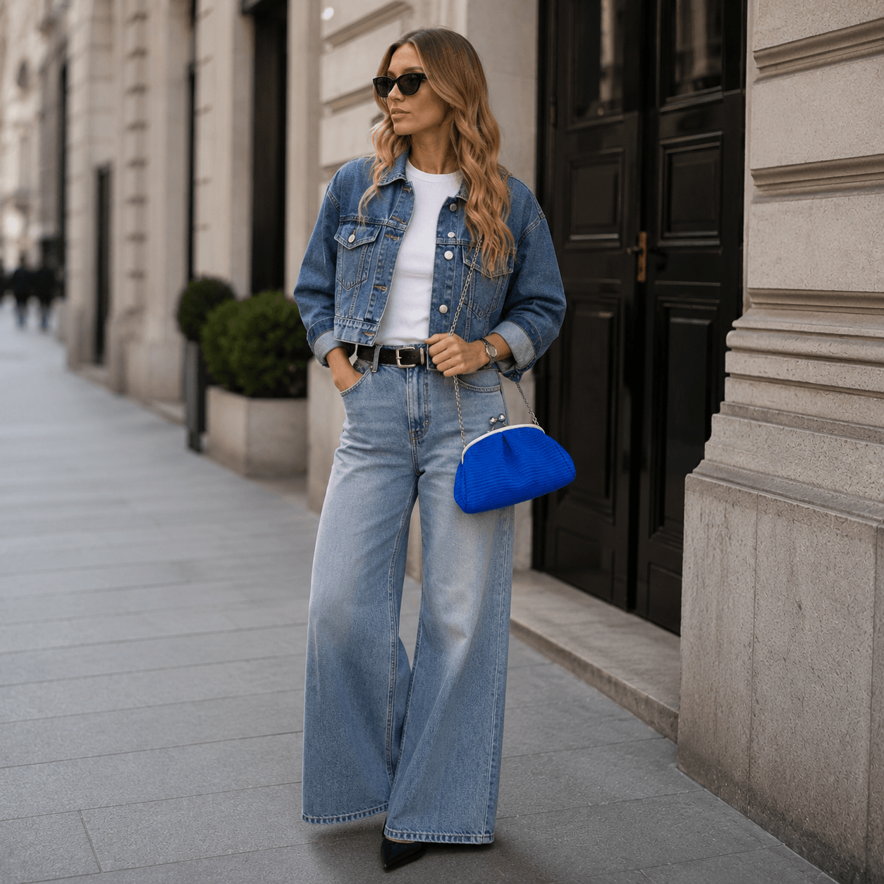Clutch Raffia Bluettone – LiBEAU Damen trägt royalblaue Raffia-Clutch an Silberkette zu cropped Denim-Jacke, weißem T-Shirt und hellblauen Wide-Leg-Jeans auf Mailänder Straße, selbstbewusster lässiger City Editorial Look | LiBEAU