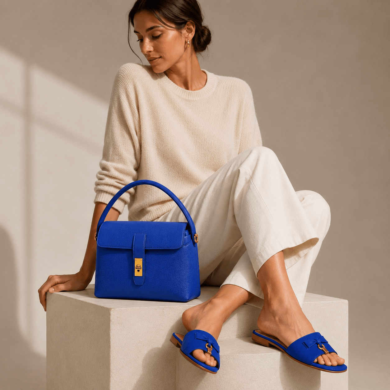 Handbag Royal und Blue Orchid Slipper – Frau trägt royalblaues Matching-Set in elegantem Editorial-Look | LiBEAU