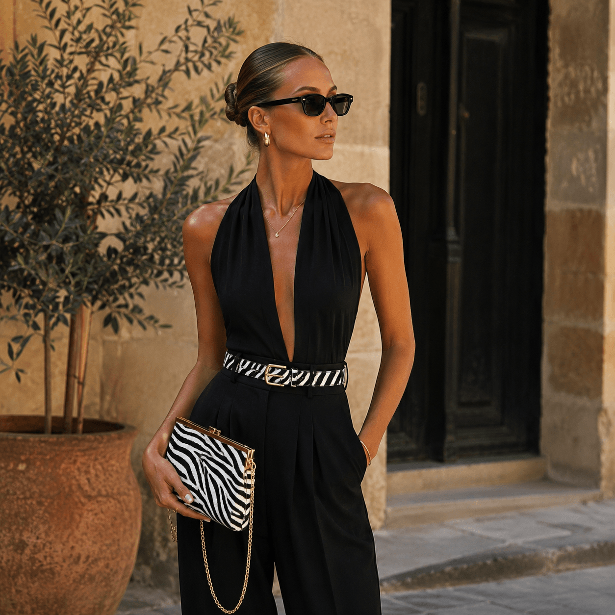 Zebrina Clutch – LiBEAU Damen trägt Zebramuster Clutch und passenden Zebra-Gürtel zu schwarzem Halter-Jumpsuit vor mediterraner Steinkulisse auf Mallorca, selbstbewusster luxuriöser Editorial Look | LiBEAU
