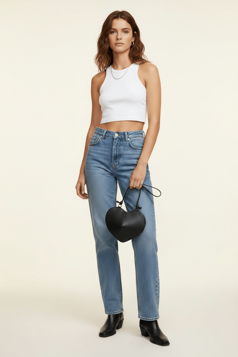 Bag Lovely – Herzförmige Leder-Tasche Schwarz mit heller Jeans, Casual Outfit | LiBEAU