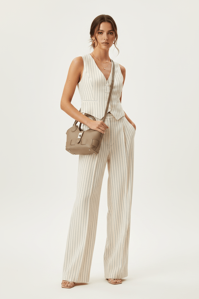 Calma Bag – Taupe Leder-Umhängetasche, Outfit mit Nadelstreifen Weste & Leinenhose | LiBEAU