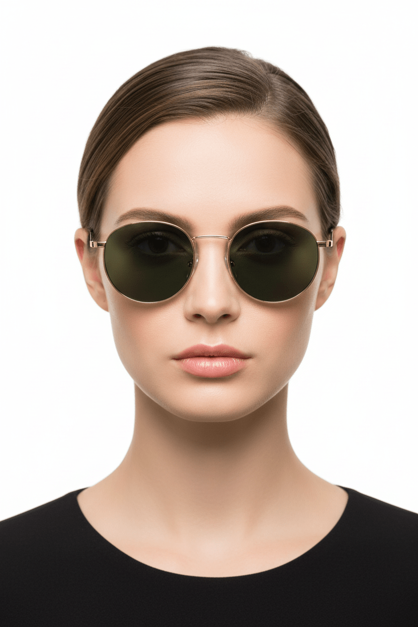 Model trägt Modebrille in grün, goldene Rahmen