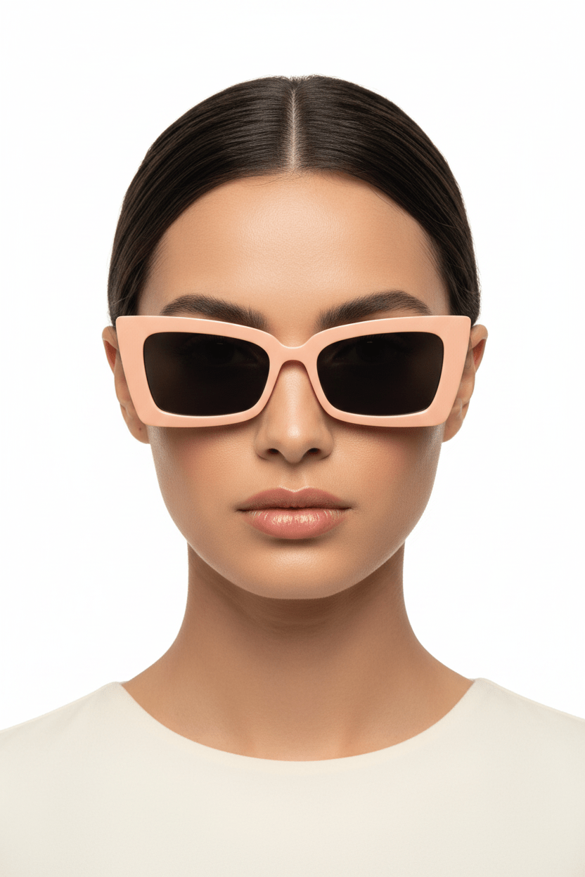 Model trägt Modebrille eckig/peach