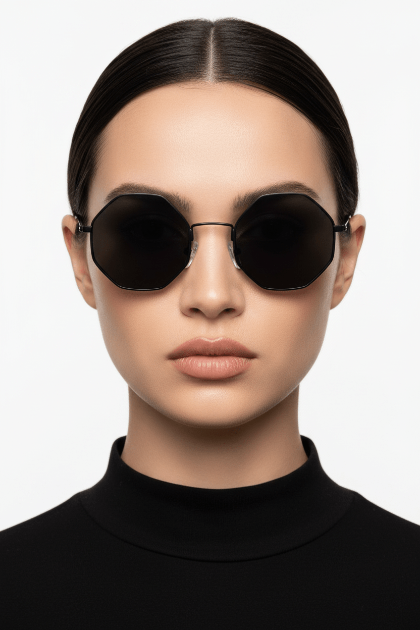 Model trägt Modebrille in schwarz, achteckig