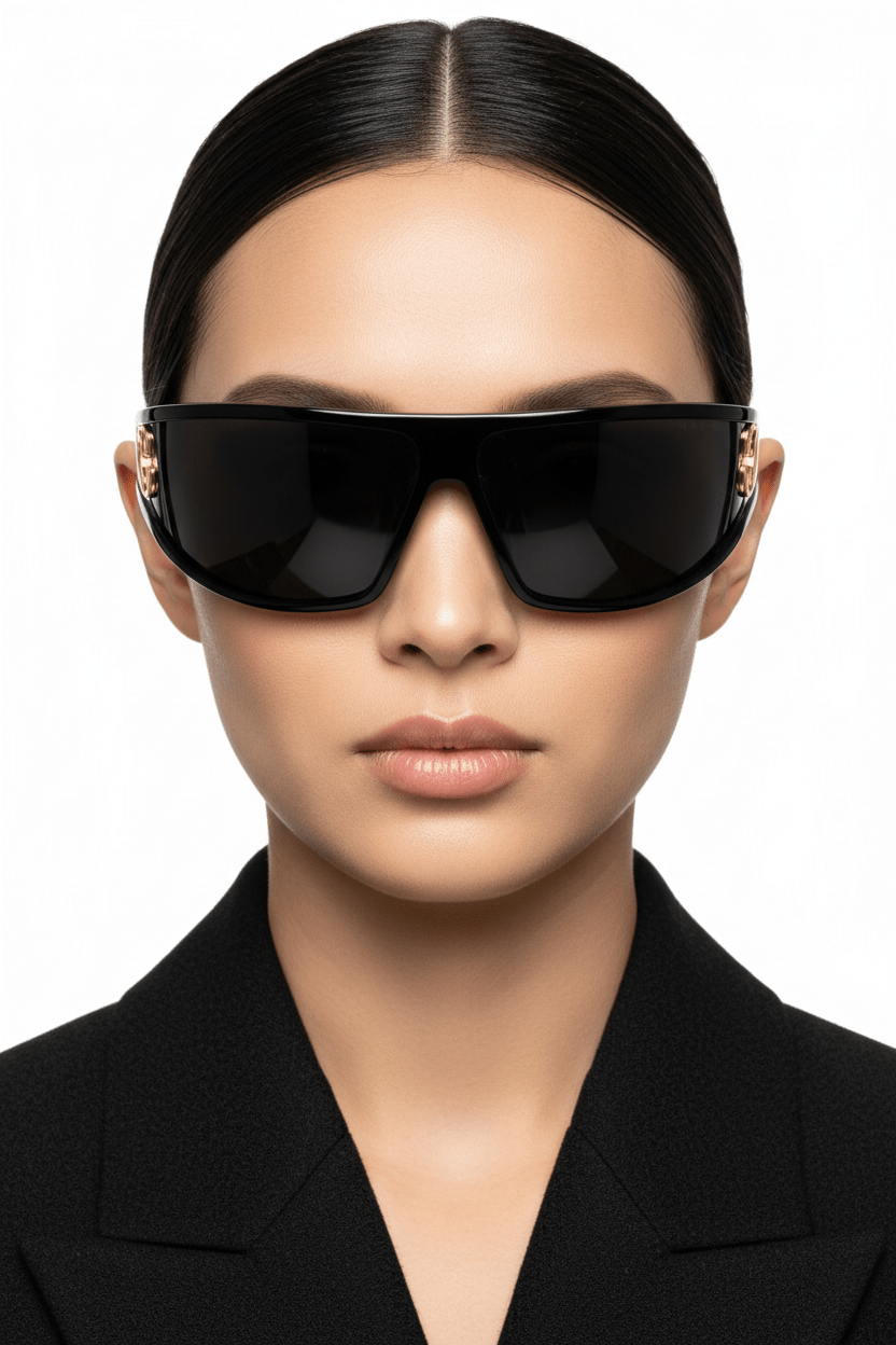 Modebrille Avant – Model trägt schwarze Oversized Shield Brille mit Golddetails | LiBEAU
