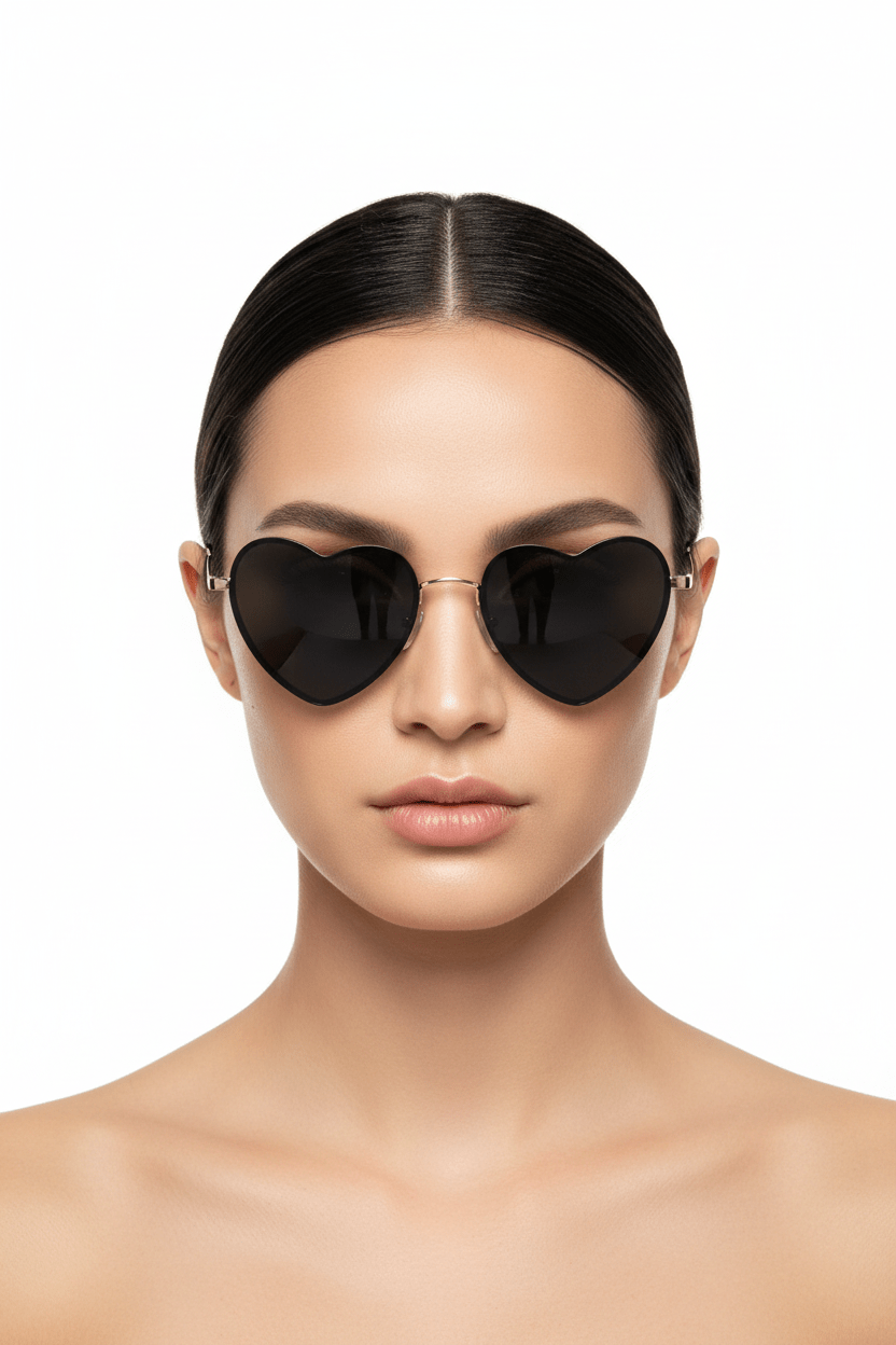 Model trägt Modebrille in schwarz, Herzform