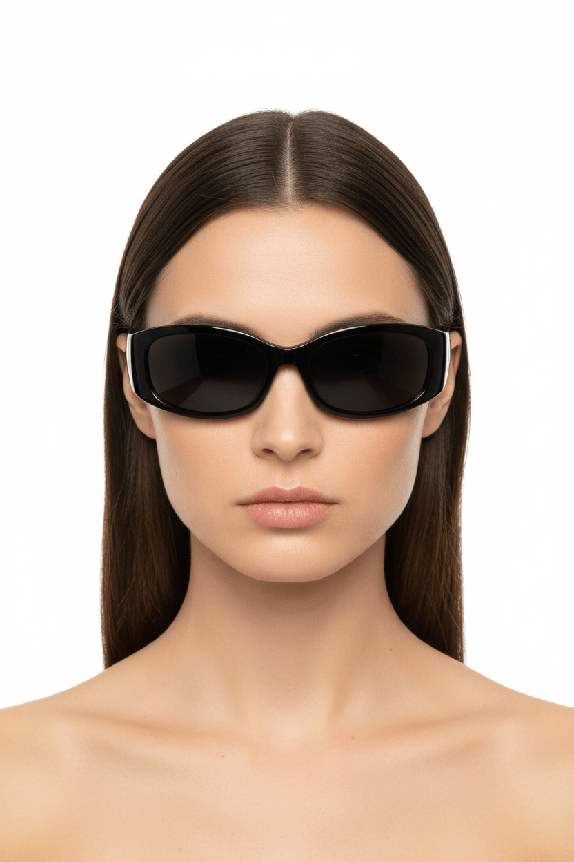 Model trägt Modebrille in schwarz, elegante Form