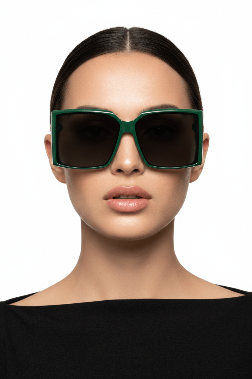Model trägt Modebrille in dunkelgrün, quadratische Form