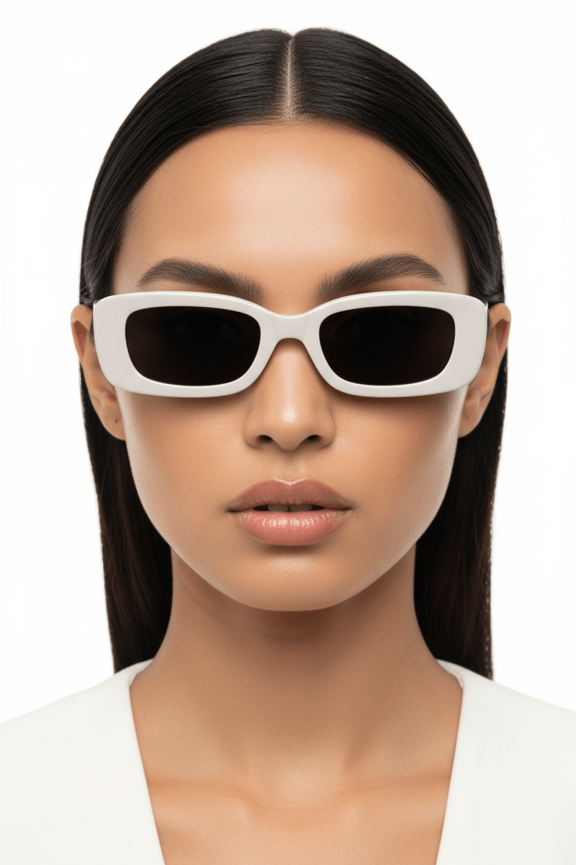 Model trägt Modebrille in weiß, schmal