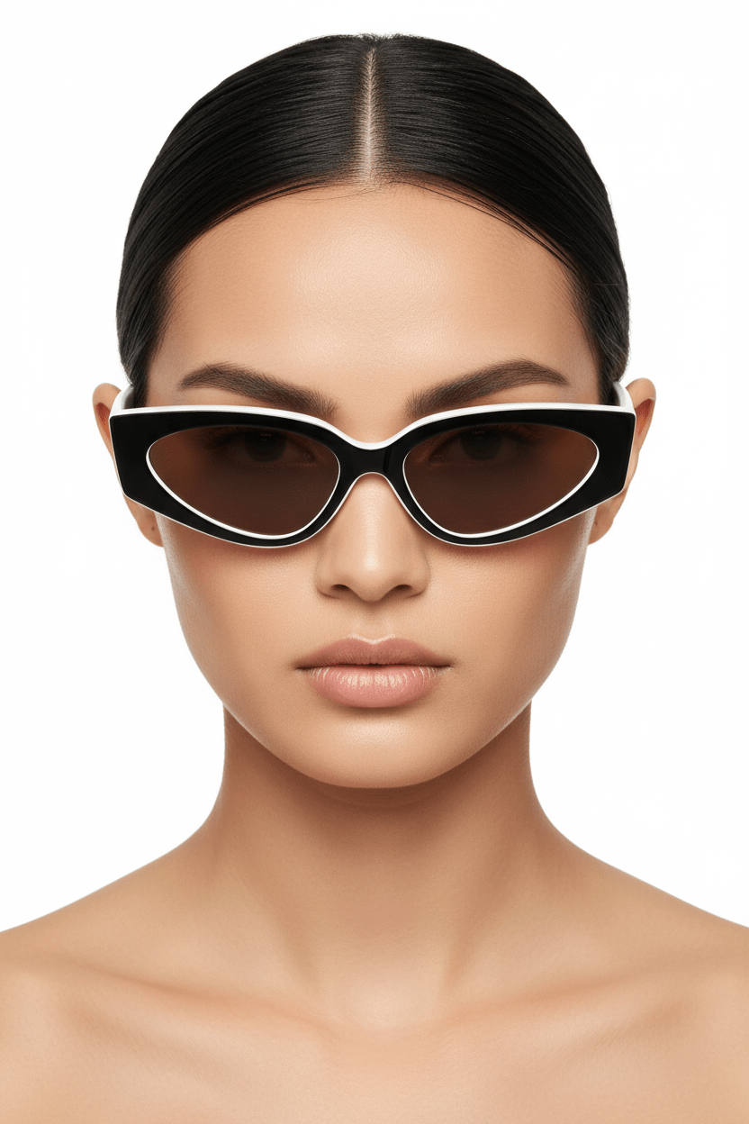 Modebrille Schwarz Weiß Cat-Eye Model Shot