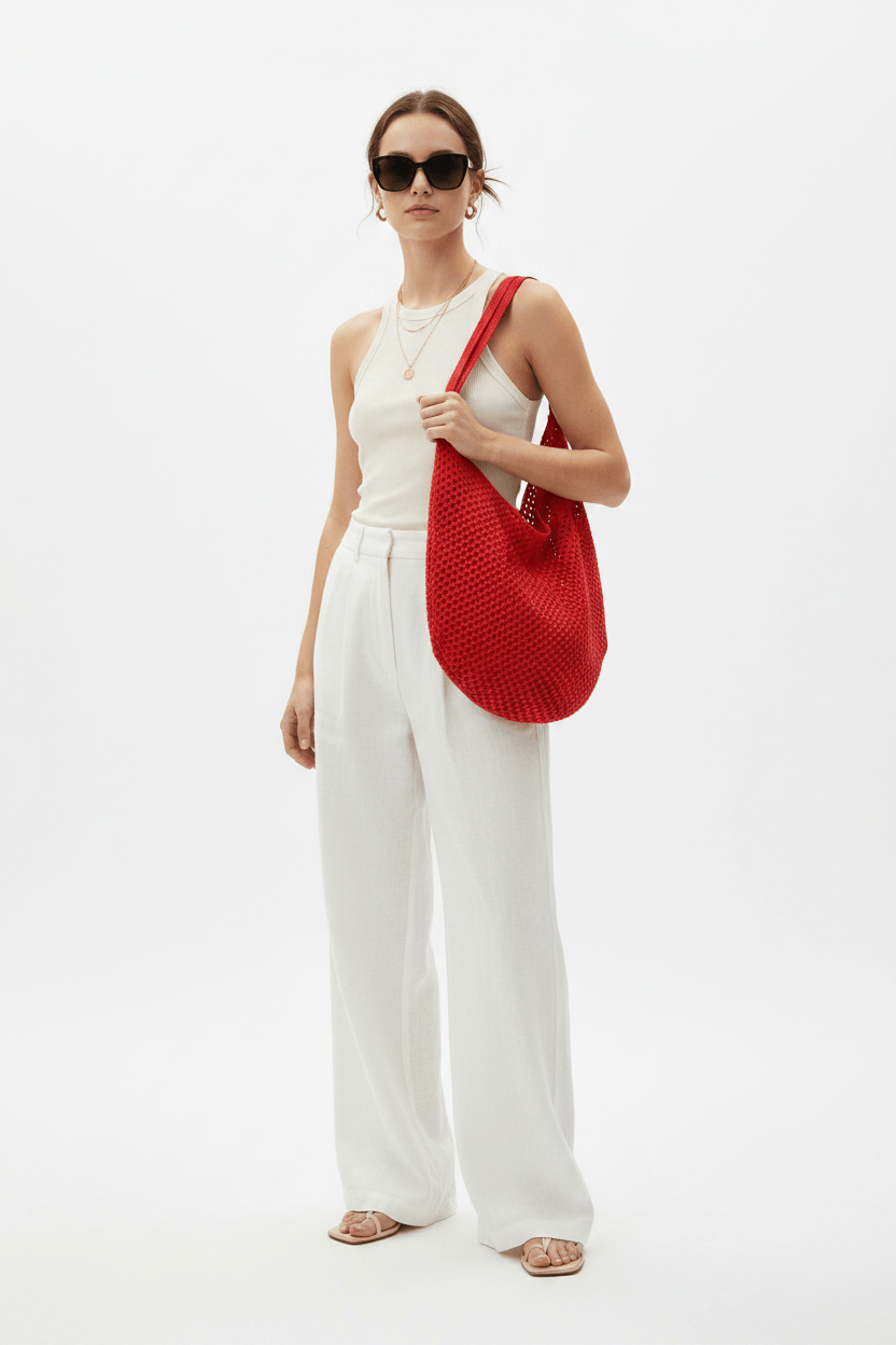 Netztasche Rosso – Rote Netztasche, Model in weißem Sommer-Outfit | LiBEAU