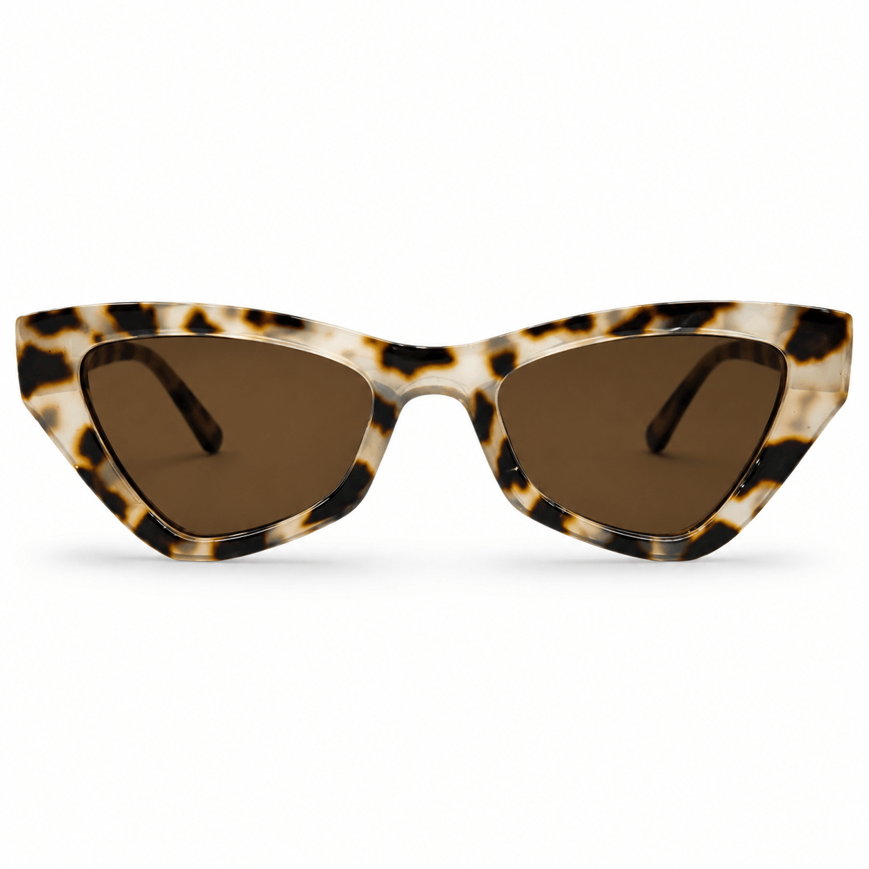 Modebrille Leo Animalprint – LiBEAU Damen Sonnenbrille helles Leopardenmuster mit spitzer Cat-Eye-Form in Creme und Braun, Produktansicht | LiBEAU
