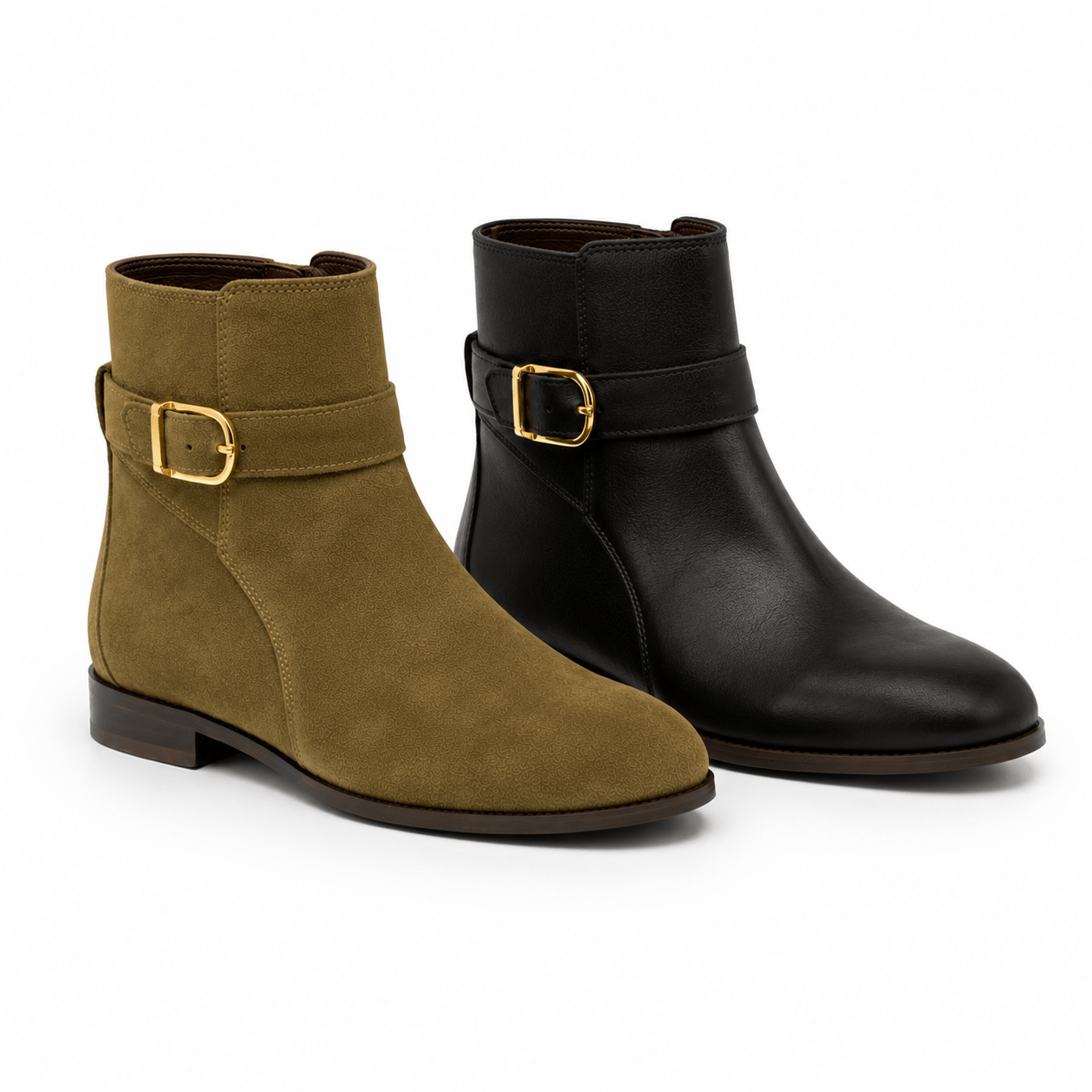 Chelsea Khaki Boots – LiBEAU Damen Chelsea Boots in beiden Farben: Wildleder Khaki und Schwarz Leder, goldfarbene Dekoschnalle, Farbvergleich | LiBEAU
