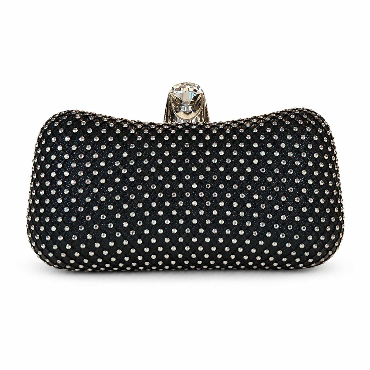Clutch Shining Star – LiBEAU Damen Abendtasche Schwarz vollständig mit Strasssteinen besetzt, Kristall-Druckknopf-Verschluss, Frontansicht | LiBEAU
