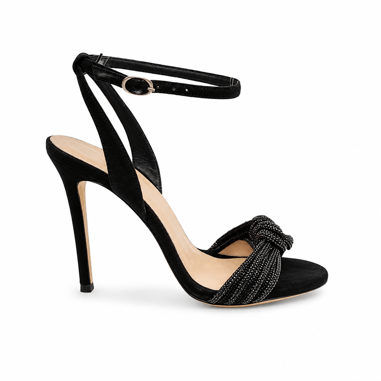 Forever Love Sandals – LiBEAU schwarze Wildleder-Riemchensandalen seitlich, schimmernde Strass-Steine am Mittelfuß und eleganter 10 cm Absatz, Seitenansicht | LiBEAU
