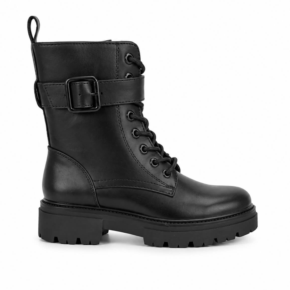 Aaron Boots Damen Schwarz Kunstleder – Seitenansicht, Schnürung & Reißverschluss, LiBEAU

