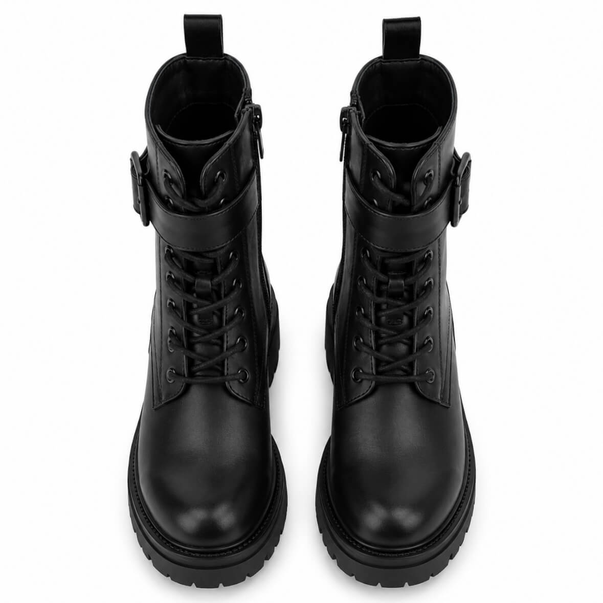 Aaron Boots Damen Schwarz Kunstleder – Frontansicht, Schnürung & Schnallendetail, LiBEAU
