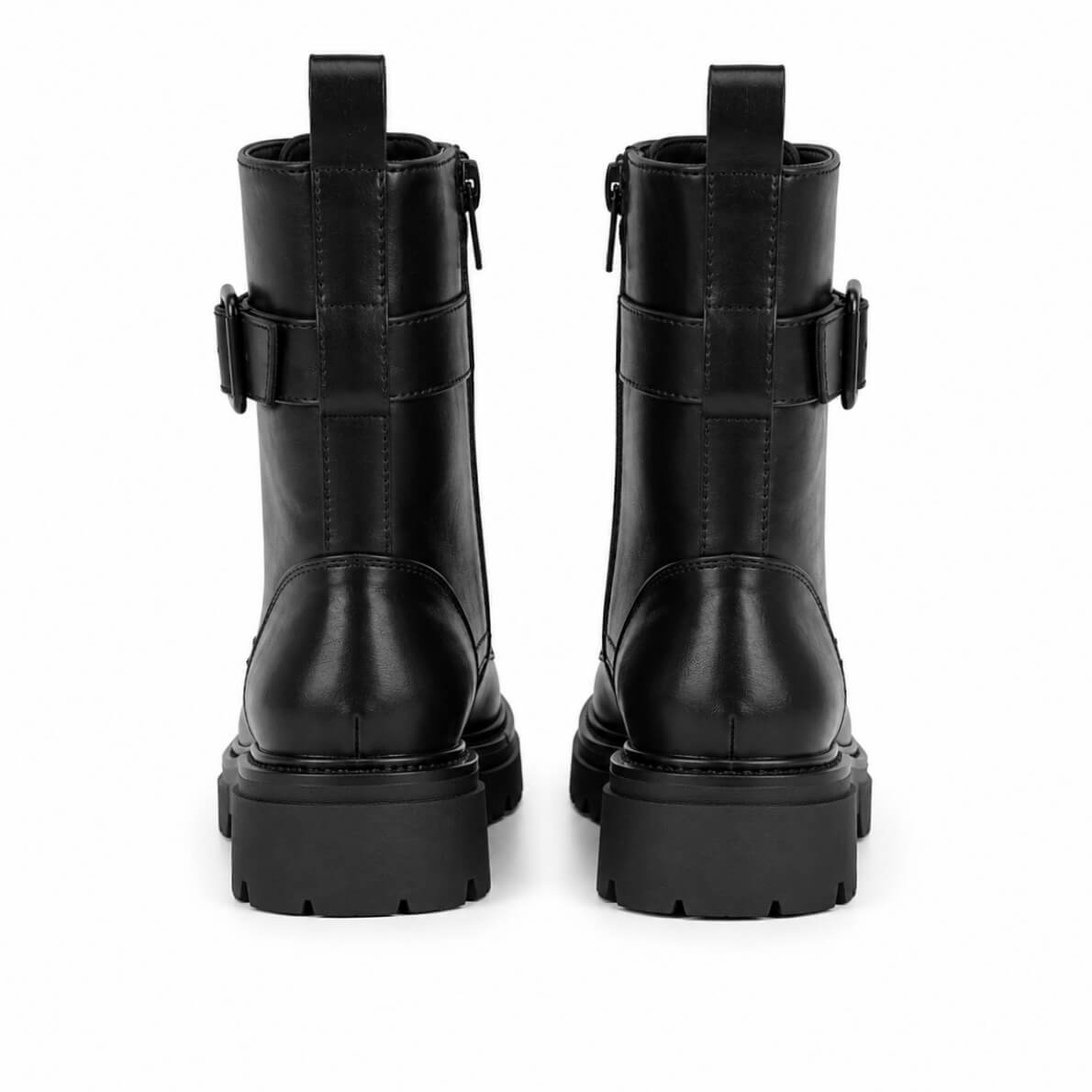 Aaron Boots Damen Schwarz Kunstleder – Rückansicht, Reißverschluss & Zuglasche, LiBEAU
