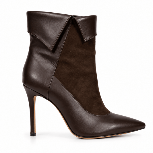 Autumn Stiefeletten – LiBEAU Damen Ankle Boots Dunkelbraun Leder Wildleder Mix, 10 cm Stiletto-Absatz, gefalteter Schaftrand, Seitenansicht | LiBEAU
