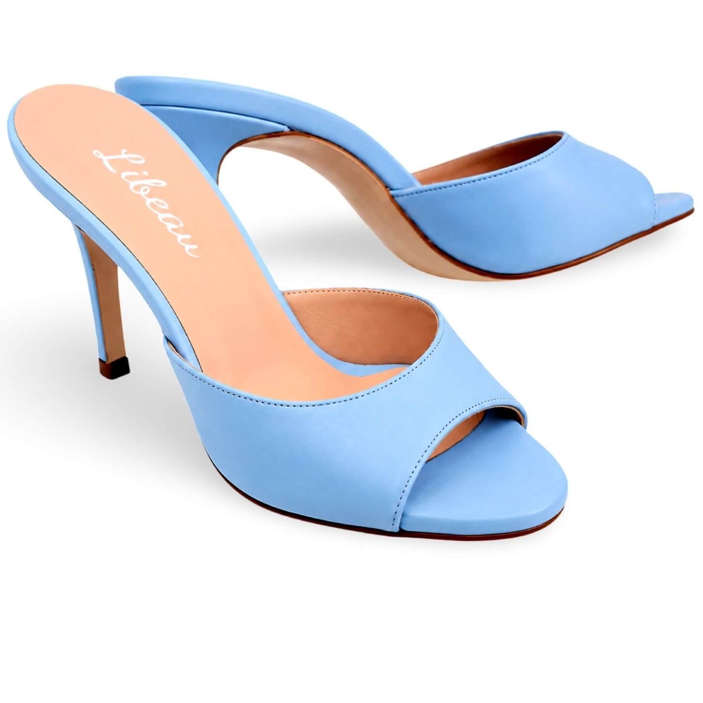 Babyblues Mules – LiBEAU Damen Pastell-Mules in zartem Blau aus Leder mit 8 cm Absatz, Produktansicht | LiBEAU
