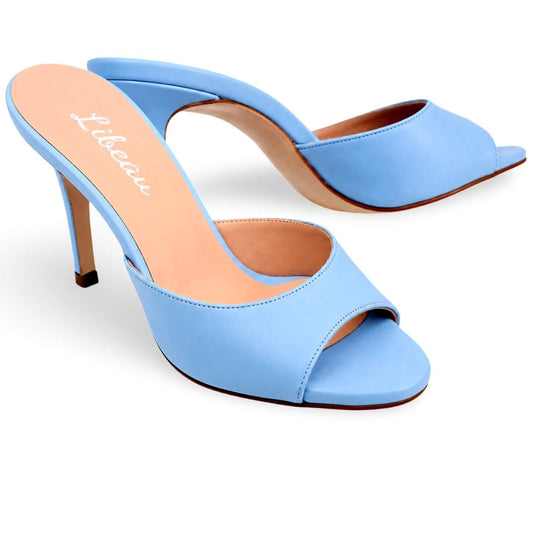 Babyblues Mules – LiBEAU Damen Pastell-Mules in zartem Blau aus Leder mit 8 cm Absatz, Produktansicht | LiBEAU

