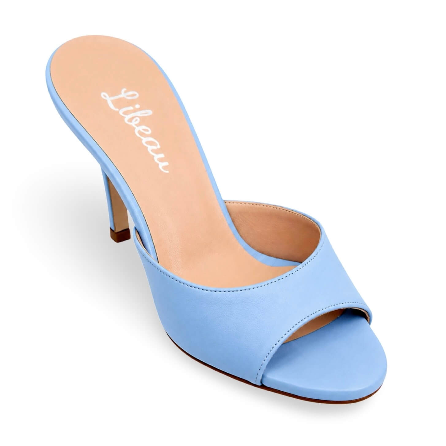 Babyblues Mules – LiBEAU blaue Leder-Mules seitlich, eleganter 8 cm Absatz Pastellblau, Seitenansicht | LiBEAU
