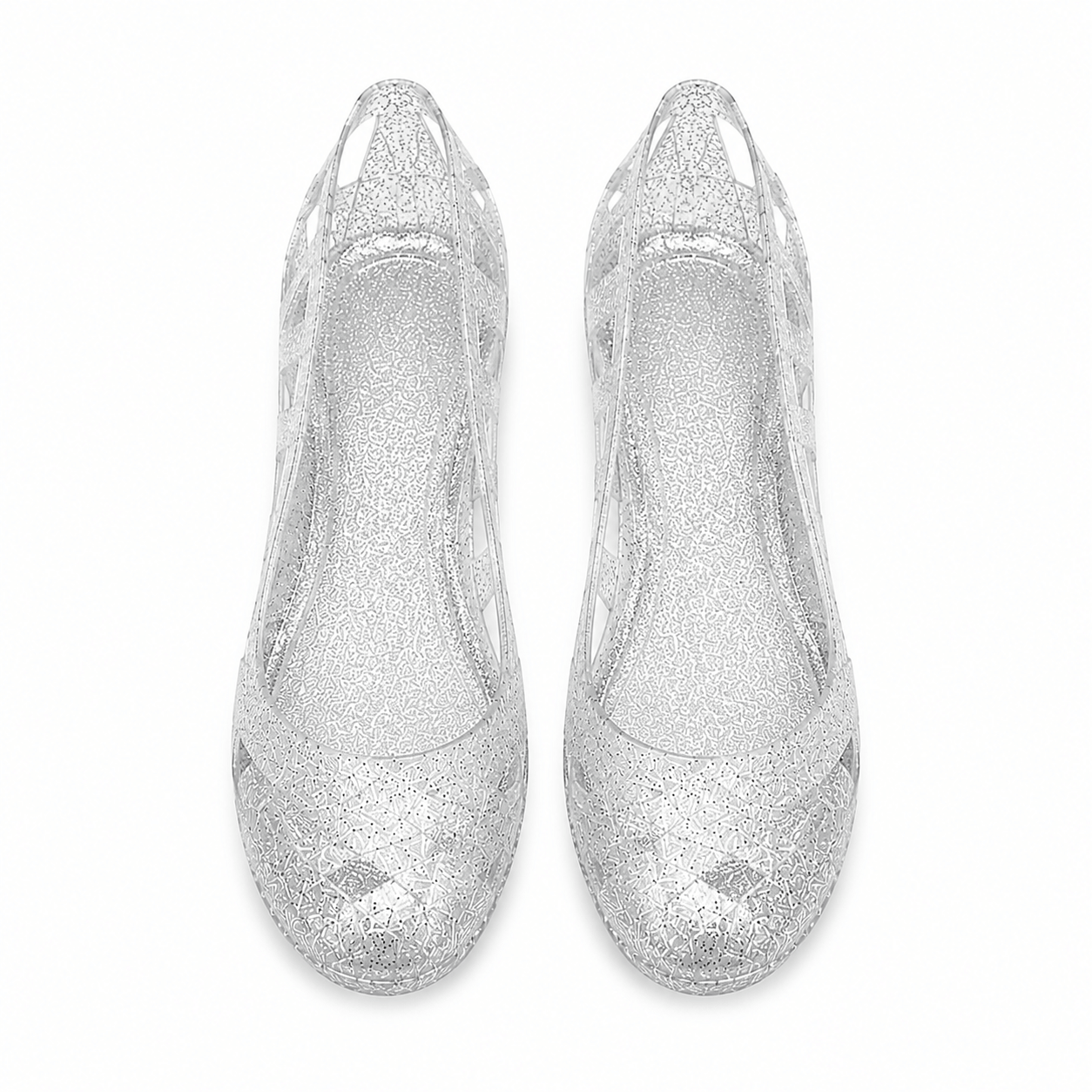 Badeschuhe Ballerinas Crystal – LiBEAU Damen Jelly-Badeballerina transparent silber Glitter mit durchbrochenem Blumen-Gittermuster, Draufsicht Paar | LiBEAU
