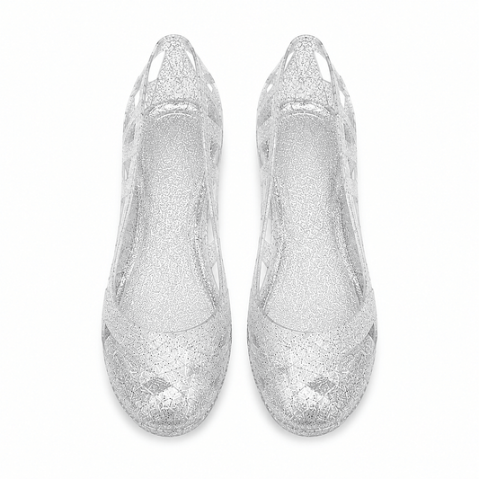 Badeschuhe Ballerinas Crystal – LiBEAU Damen Jelly-Badeballerina transparent silber Glitter mit durchbrochenem Blumen-Gittermuster, Draufsicht Paar | LiBEAU
