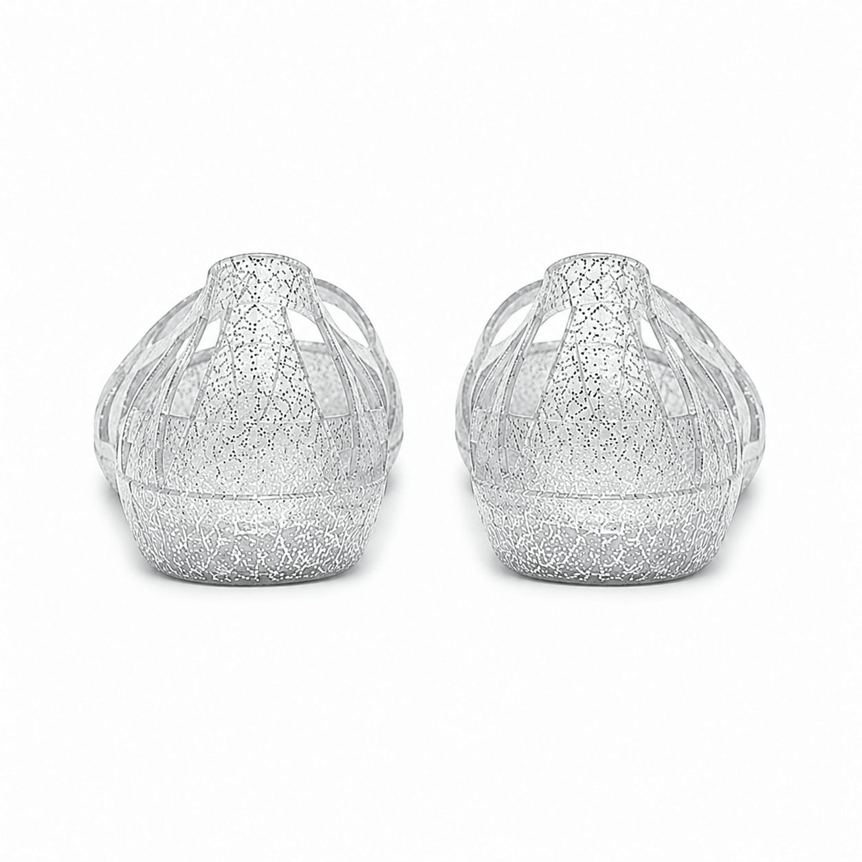 Badeschuhe Ballerinas Crystal – LiBEAU Damen Jelly-Badeballerina transparent silber Glitter, Rückansicht Paar mit Gitter-Fersenriemen und Glitter-Sohle | LiBEAU
