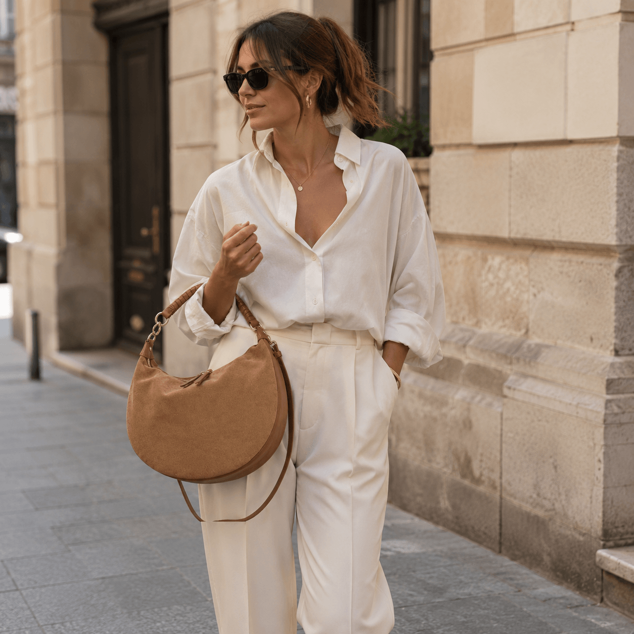Bag Bernie – LiBEAU Damen trägt Camel Wildleder Hobo Bag am Arm zu weißem Oversize-Leinenhemd und cremefarbener Weithose auf Pariser Boulevard, zeitloser eleganter City Editorial Look | LiBEAU
