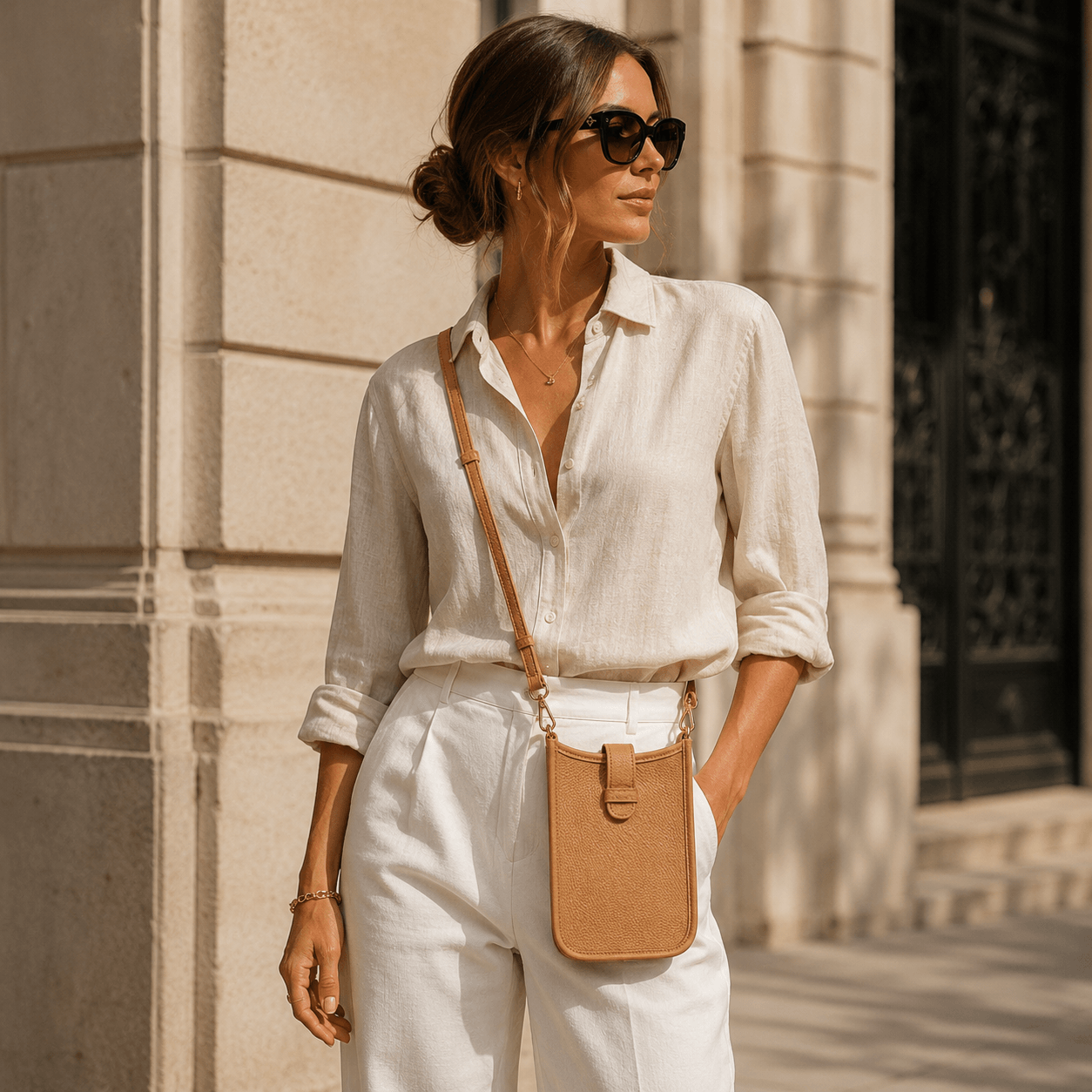 Bag Ambra Beige – Frau trägt beige Leder Body Bag als Crossbody im eleganten Streetstyle | LiBEAU
