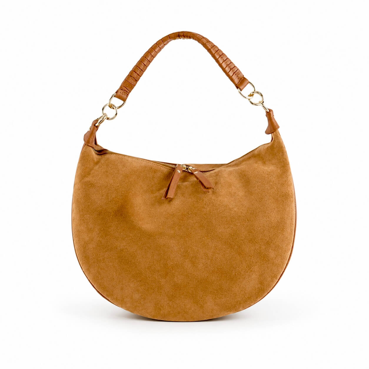 Bag Bernie – LiBEAU Damen Hobo Bag Camel Wildleder Halbmond-Form, geflochtener Camel-Henkel mit Goldkarabinern und Reißverschluss, Frontansicht | LiBEAU
