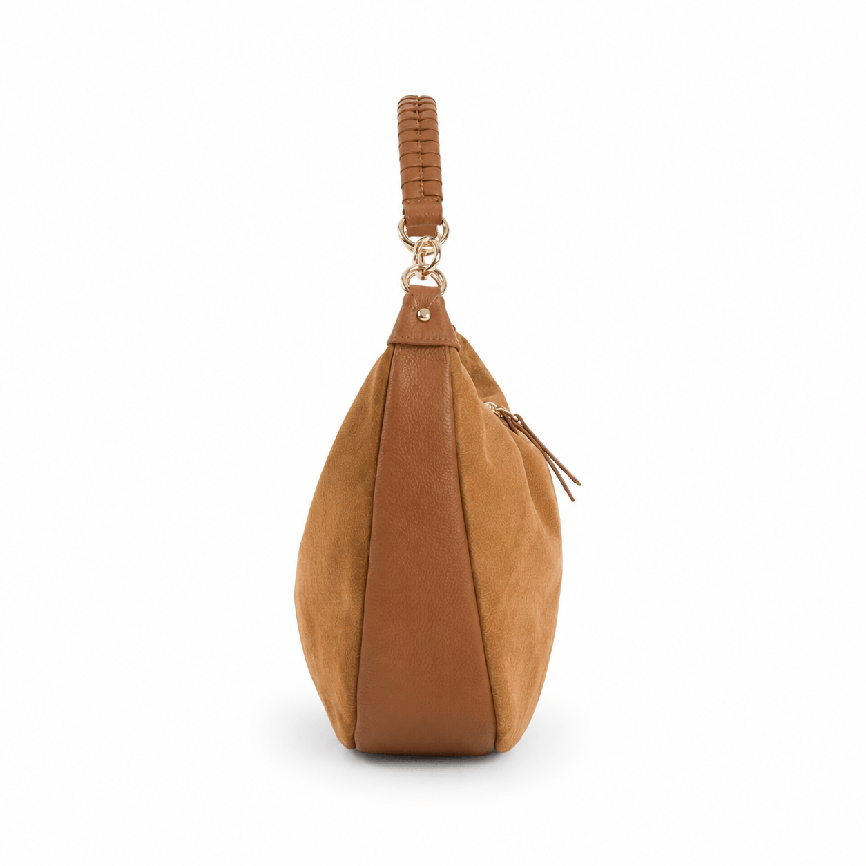 Bag Bernie – LiBEAU Detailansicht Seitenansicht Camel Wildleder Hobo Bag, Reißverschluss mit Leder-Zipper und Goldkarabiner-Henkelverbindung | LiBEAU
