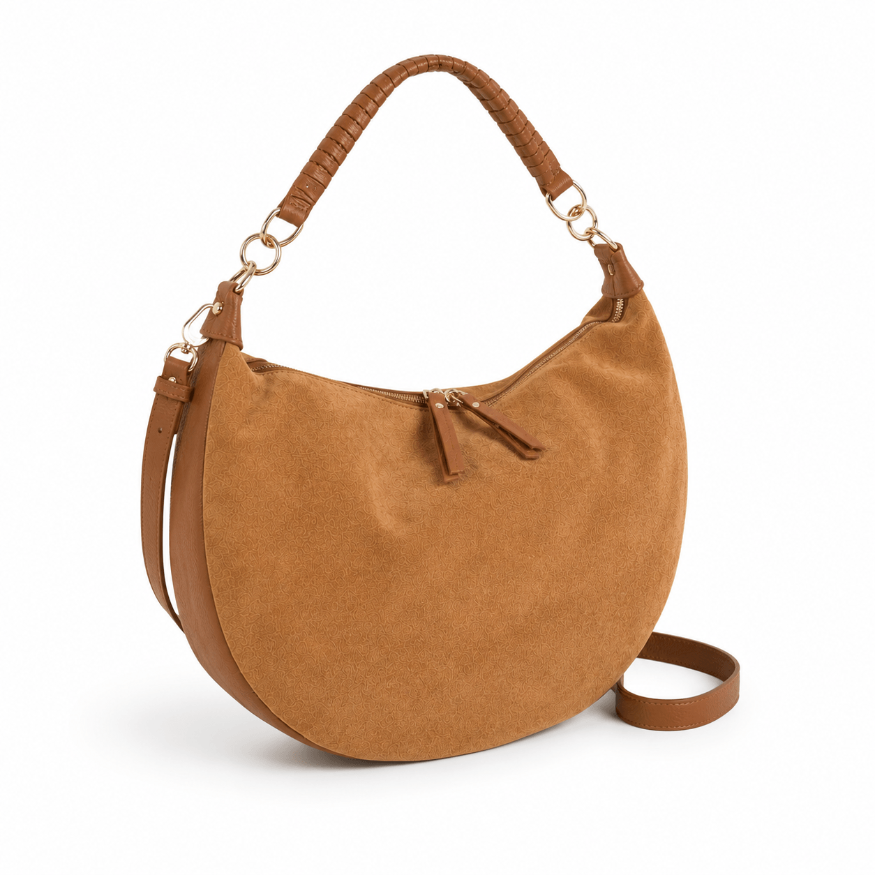 Bag Bernie – LiBEAU Damen Hobo Bag Camel Wildleder mit abnehmbarem verlängerbarem Camel-Schulterriemen und Goldkarabinern, Schräg-Frontansicht | LiBEAU

