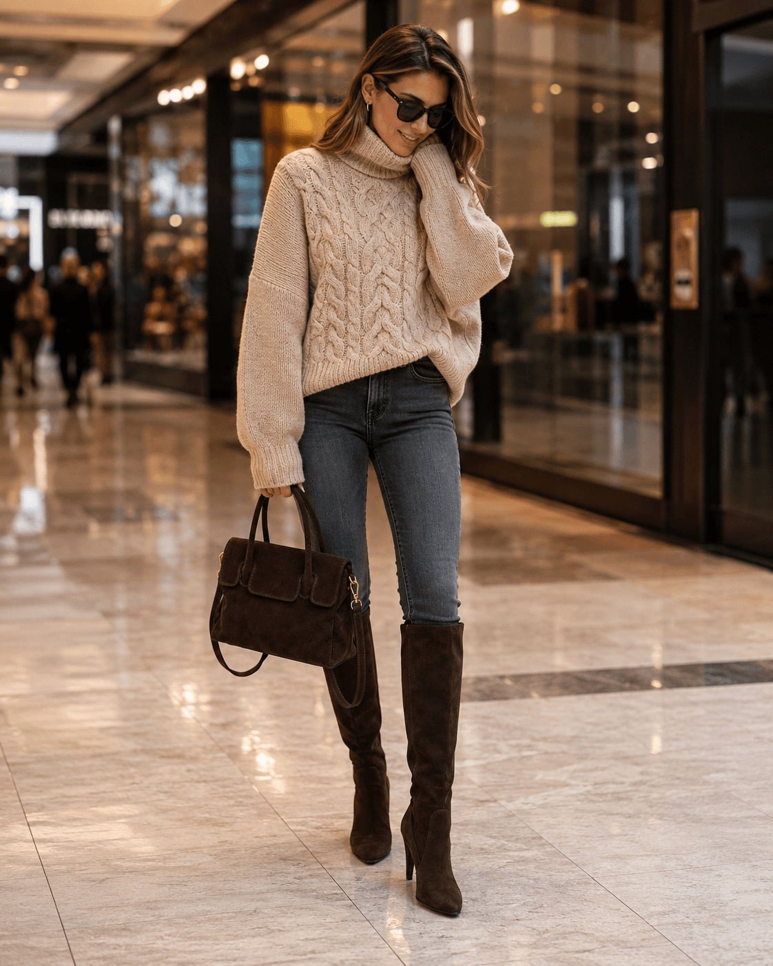 Julienne Wildleder Umhängetasche Dunkelbraun – Model trägt Tasche frontal in Mall | LiBEAU
