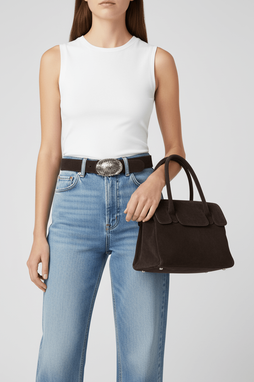 Turty Gürtel & Julienne Tasche – Dunkelbraunes Wildleder Outfit mit Jeans | LiBEAU
