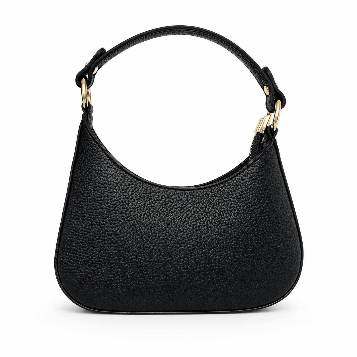 Bag Rika – LiBEAU Damen Hobo Bag Schwarz genarbtes Leder mit rundem Henkel und goldenen Schnallen-Details, Halbmond-Silhouette, Frontansicht | LiBEAU
