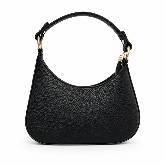 Bag Rika – LiBEAU Damen Hobo Bag Schwarz genarbtes Leder mit rundem Henkel und goldenen Schnallen-Details, Halbmond-Silhouette, Frontansicht | LiBEAU
