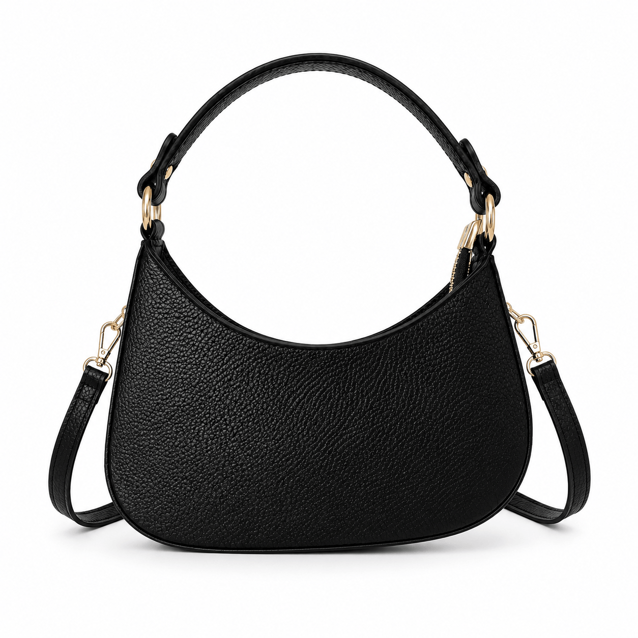 Bag Rika – LiBEAU Damen Hobo Bag Schwarz Leder als Umhängetasche mit abnehmbarem Schulterriemen und Goldkarabiner, Frontansicht | LiBEAU
