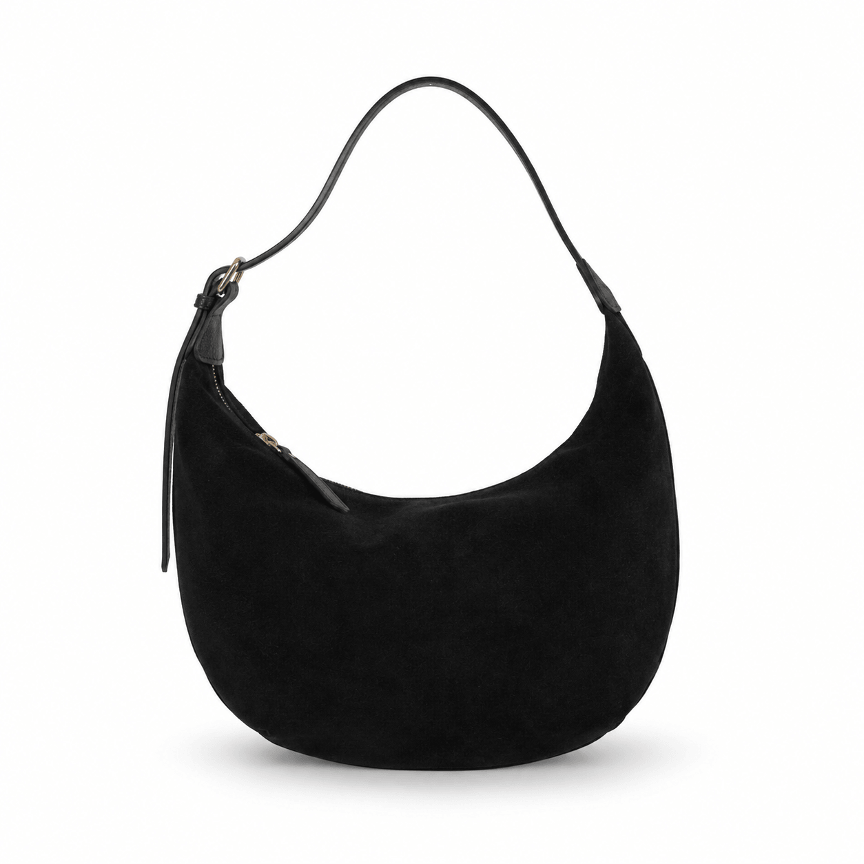 Bag Sauvage – LiBEAU Damen Hobo Bag Schwarz Wildleder Halbmond-Form, schmaler schwarzer Lederhenkel mit Silberkarabiner und seitlichem Reißverschluss, Frontansicht | LiBEAU
