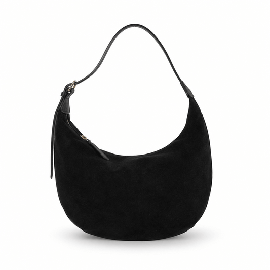 Bag Sauvage – LiBEAU Damen Hobo Bag Schwarz Wildleder Halbmond-Form, schmaler schwarzer Lederhenkel mit Silberkarabiner und seitlichem Reißverschluss, Frontansicht | LiBEAU
