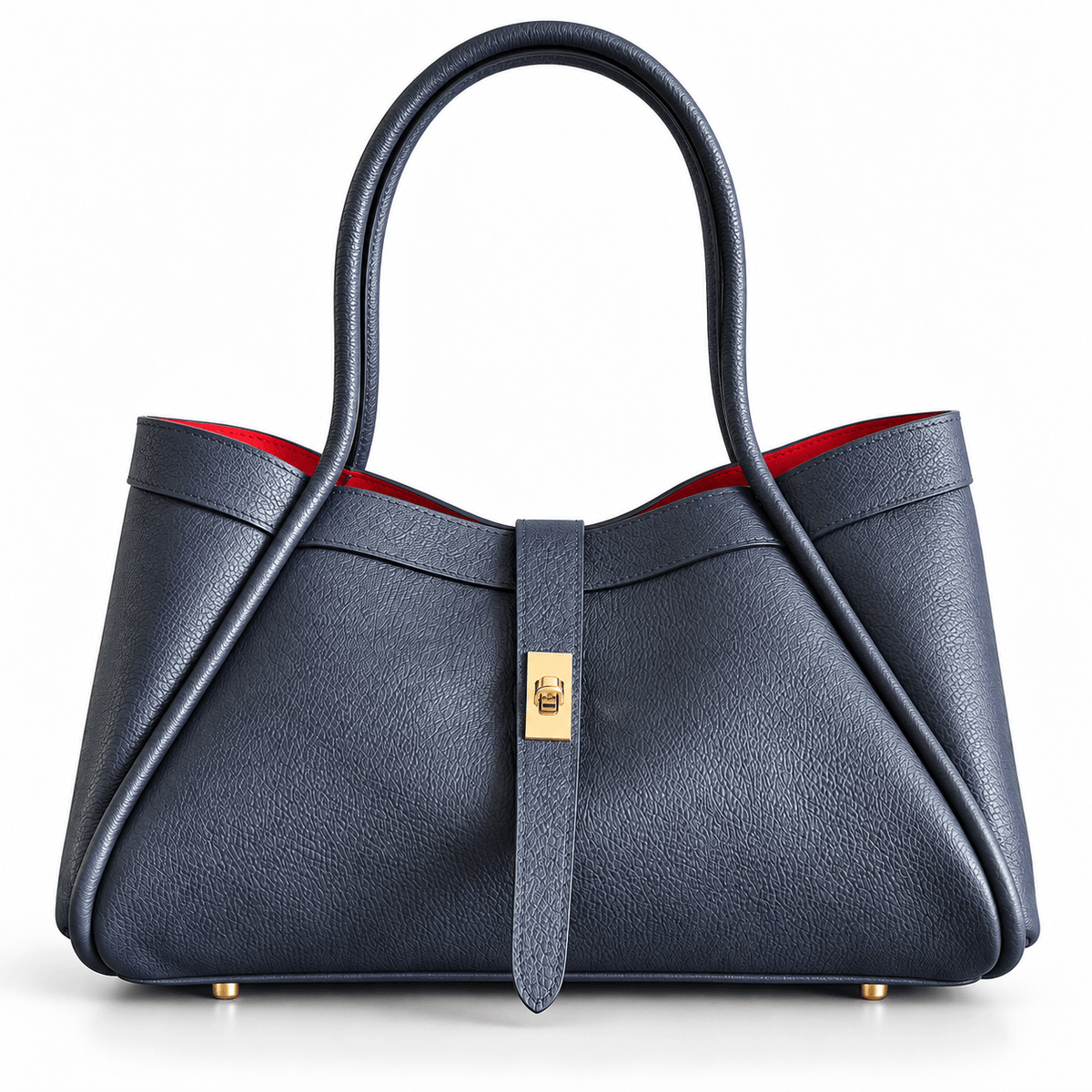Bag Nova aus dunkelblauem Leder mit goldfarbenem Verschluss und rotem Innenfutter, Vorderansicht

