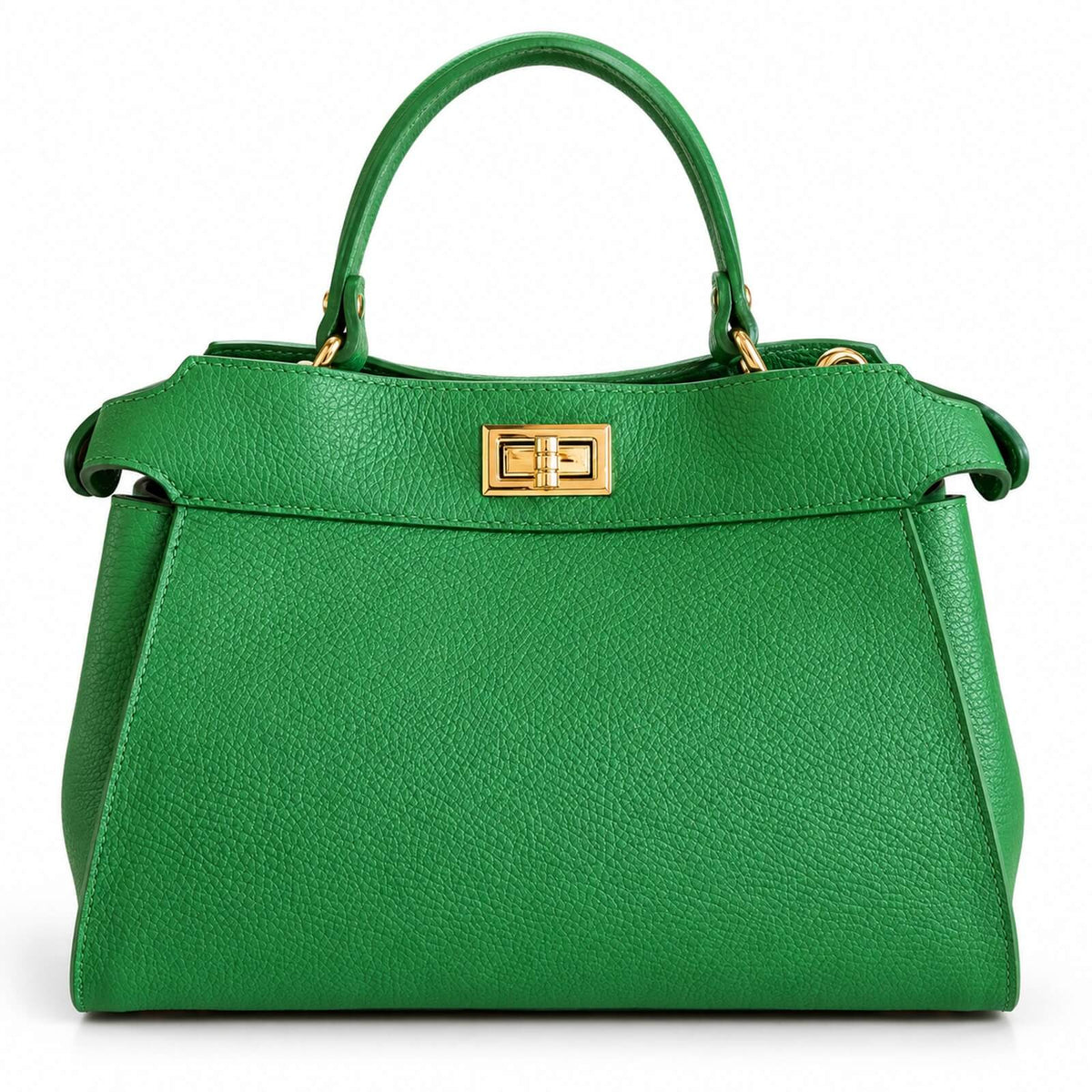 Bag Sora Green aus grünem Leder mit kurzem Griff und goldfarbenem Drehverschluss, Vorderansicht

