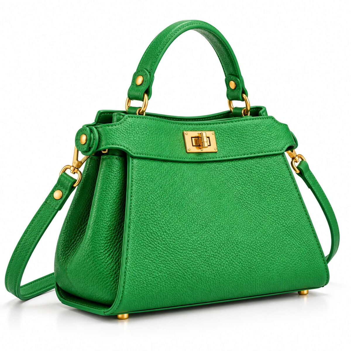 Grüne Leder-Handtasche Bag Sora mit abnehmbarem Gurt und goldfarbenem Verschluss, schräge Ansicht

